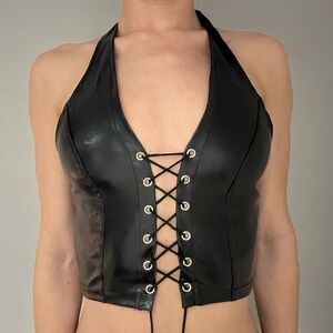 Adjustable Eyelet Faux Leather Halter Top